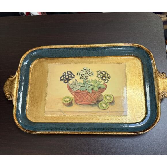 Vietri Made‎ In Italy Wood Lacquer Gold Botanical Florentine Tray - Picture 2 of 10